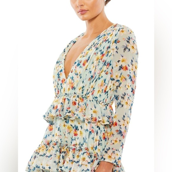 IEENA MAC DUGGAL Floral Printed Tiered Ruffle Long Sleeve gown 4 NWT - Picture 4 of 10